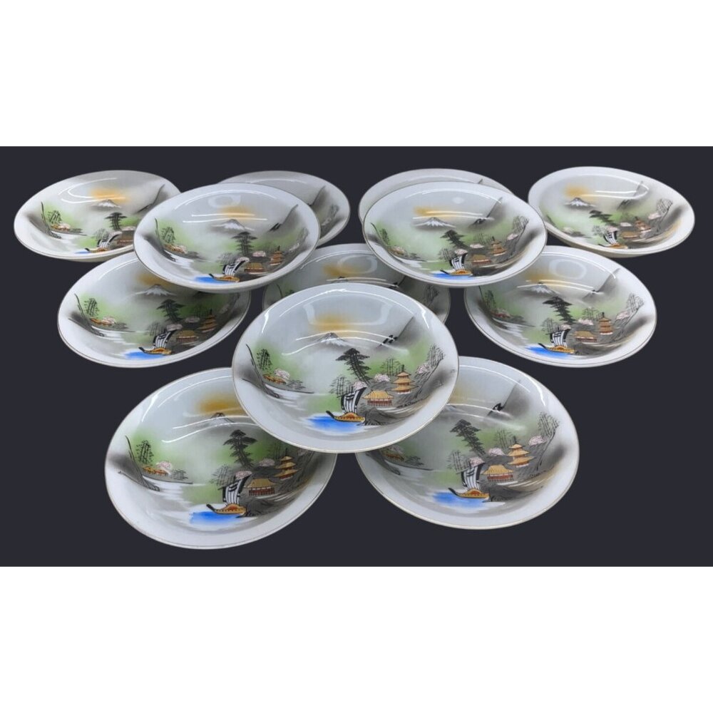 12 Vintage Kutani Hand Painted Mountains Trees Fruit Berry Bowls 5 1/4"